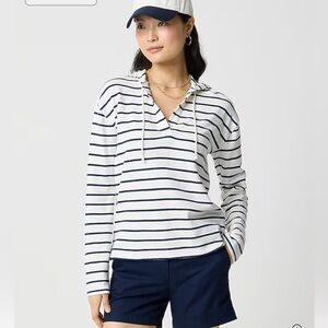 J.Crew Striped Navy and White Women's V-neck Hoodie Top